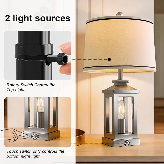 24" Table Lamps for Living Room Bedroom Modern Metal Bedside Lamps Set of 2 Nightstand Lamp for Night Stands 3 Way Dimmable Touch Lamp with USB C+A Ports and 2 Light Sources, 4 Bulbs Includes