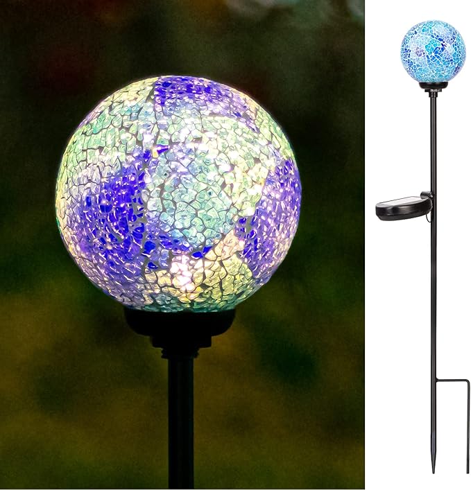 VCUTEKA Decorative Solar Garden Lights, 3.5" Mosaic Globe Outdoor Stake | Mosaic Glass Globe Design, Solar LED Light, Waterproof Design, Auto On/Off and Metal Stake Design for Lawn and Patio