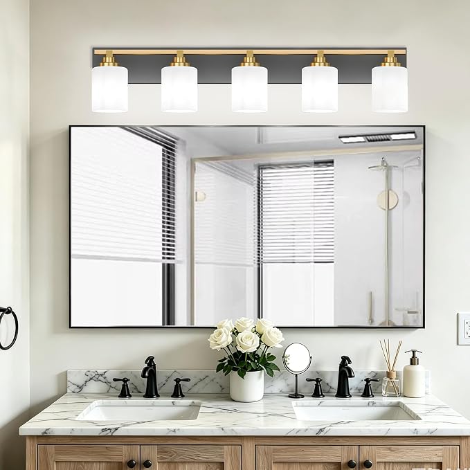 Black and Gold Bathroom Light Fixture, Modern 5 Light Vanity Lights for Bathroom Lighting Fixtures Over Mirror, White Glass Lampshade, Master & Guest bathrooms Bathroom Remodel, 35.4-inch