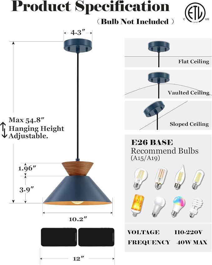 ELYONA 10 Inch Modern Pendant Light Fixture Farmhouse Solid Wood Hanging Lamp with Navy Blue Metal Shade & Gold Inner Finish Adjustable Pendant Light for Kitchen Island Dining Room Bedroom Modern Blue