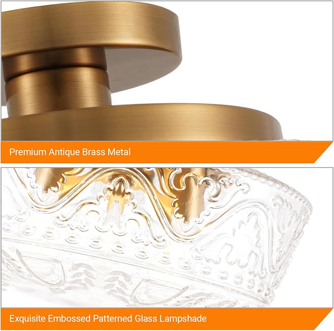 Daunton 3 Light Semi Flush Mount Ceiling Light Fixtures, Brushed Antique Brass Hallway Light Fixtures, Vintage Glass Ceiling Light Fixture for Bedroom, Closet, Entryway, Bathroom, Kitchen, E26*3