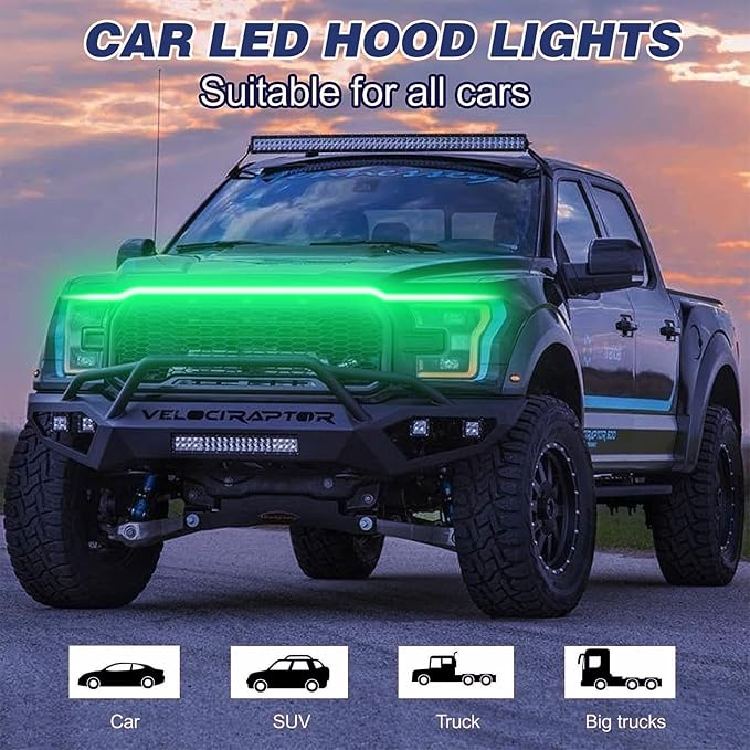 Car LED Hood Light Strip for Cars, SUVs, Trucks, Green, 70 Inch | 12V, Universal, Flexible Waterproof Daytime Running Light, Dynamic Scan Start-up Effect, Super Bright Bonnet Lights