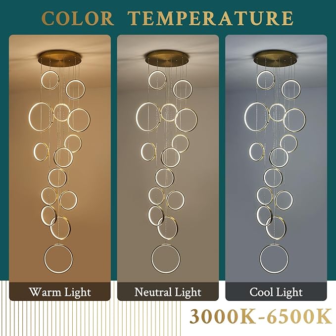 14 Rings Modern LED Chandelier for High Ceiling Dimmable Gold Contemporary Foyer Long Chandelier for Entryway, Long Pendant Light Fixture Staircase Dining Living Room, 3000-6500K