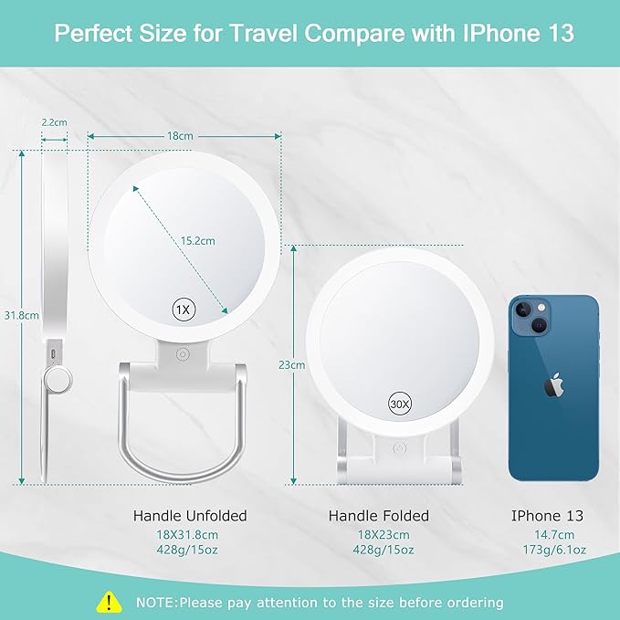 Magnifying Travel Makeup Mirror with Lights, Double-Sided 1X/30X Magnifying Mirror, 3 Color Lighting & Brightness Adjustable, Portable &Foldable Handheld Mirror with Lights(9" L x 7" W)
