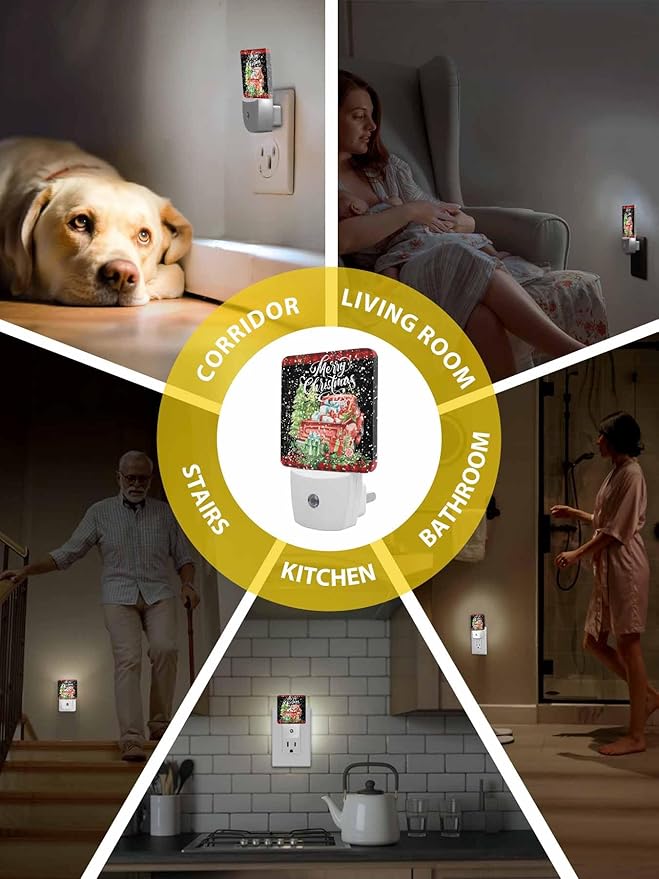 Christmas Night Lights Plug into Wall LED Night Light Christmas Tree Truck with Gift Red Plaid Automatic Dimmable Dusk-to-Dawn Square Shaped Smart Nightlight for Bathroom/Bedroom