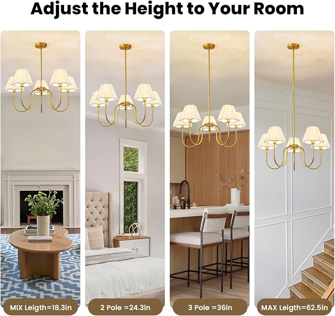 RUIYEY Black Chandeliers for Dining Room - 28" 5-Lights Vintage Modern Mid-Century Chandelier with Flower Fabric Shades, Height Adjustable Pendant Lighting Over Table for Living Room Kitchen Island