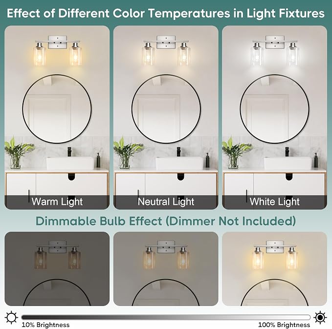 Ascher Bathroom Light Fixtures, 2-Light Vanity Light Over Mirror, Brushed Nickel Wall Sconces with Clear Glass Shades, Wall Lamp for Living Room Bedroom, E26 Base(Bulbs Not Included)
