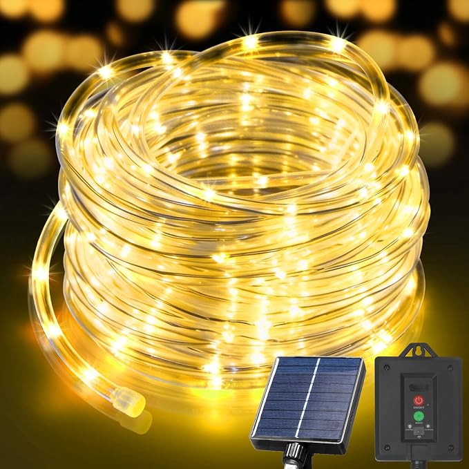 KNONEW Solar Rope Lights Outdoor 300LED 50FT Solar String Lights Outside Waterproof with Modes Clear Thin Tube for Pool Tree Patio Garden Fence Camping Yard Deck Trampoline（Warm White）