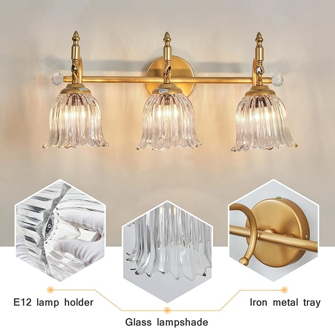 CVKASH 3-Light Bathroom Vanity Light Fixtures Over Mirror,Brushed Gold Modern Vanity Lights with Glass Shade Vintage Wall Sconce for Bedroom Dressing Room Living Room Hallway Cabinet