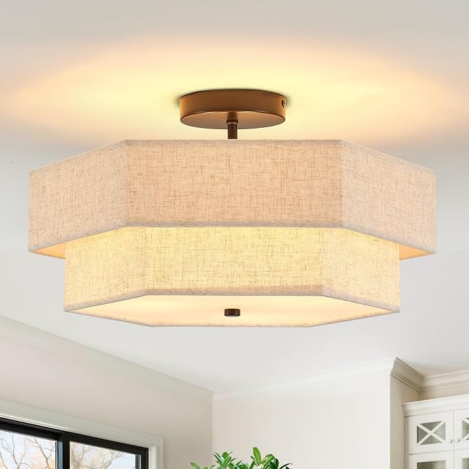 18" Large Black Semi Flush Mount Ceiling Light, 3-Light Fixture | Beige Linen Double Hexagonal Shade, Modern Black Finish For Bedroom, Dining, Living, Hallway, Entryway; Close-To-Ceiling, E26