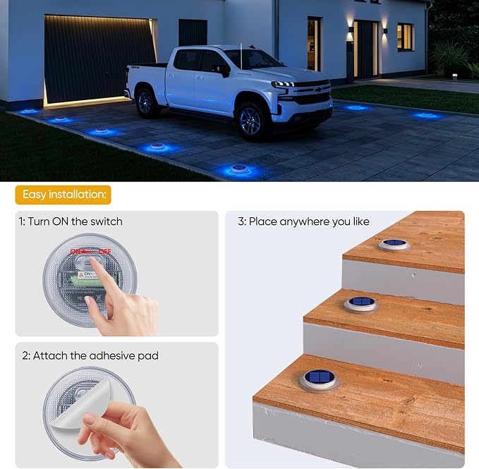 Blue Solar Driveway Lights Outdoor 6 Pack Dock Deck Lights IP68 Waterproof | Solar Powered Deck Lights, Stick on Solar Dock Lights Outdoor for Stair, Patio, Pathway, Yard, Walkway, Sidewalk, Step, Pool