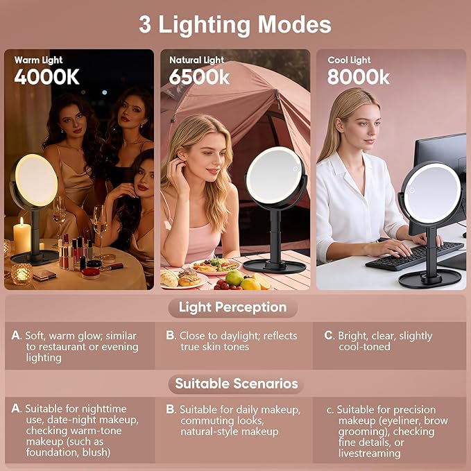 Lighted Makeup Mirror with 10X Magnification, Rechargeable LED Magnifying Vanity Mirror with 3 Lights, Adjustable Height, Storage Base and Phone Holder, Black, 7 inch