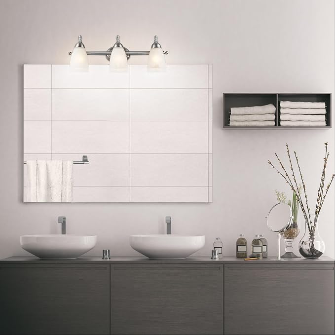 Globe Electric 50783 23" 3-Light Vanity Light, Satin Nickel, Alabaster Glass Shades, Beauty Room Accessories, Bathroom Lights Over Mirror, Makeup Mirror Lights, Wall Light