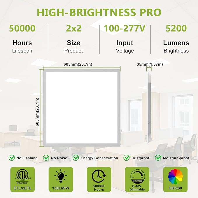 2 Pack 2x2 LED Flat Panel Light Drop Ceiling Light Fixture, 5200LM, 5CCT LED Drop Surface Mount Ceiling Office Light, 40W/35W/30W/25W/20W Selectable,6500K/5000K/4000K/3500K/3000K,Dimmable 0-10V,ETL