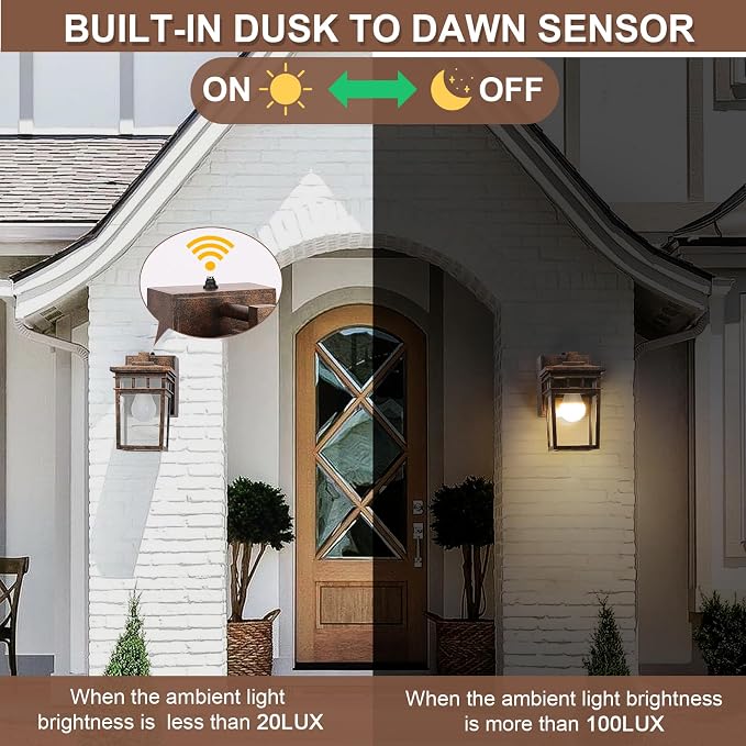 Dusk to Dawn Outdoor Lighting, Porch Light with GFCI Outlet and LED Bulb | Exterior Wall Fixture with Clear Glass Shade, Waterproof Outside Lights for House Garage Front Door, Antique Bronze