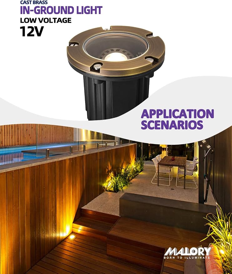 MALORY Low Voltage Landscape Well Lights, (φ126 mm) Brass Top Cover | 12V Outdoor In Ground Lights,Waterproof Uplight,Flat Top, 5W MR16 Bulb ,for Landscaping,Pathway, Driveway, Deck,Garden