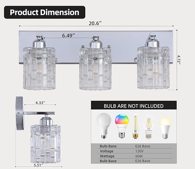3-Light Crystal Vanity Light for Bathroom, Chrome Over Mirror Light Fixture, Modern Wall Mount for Living Room, Bedroom, Hallway