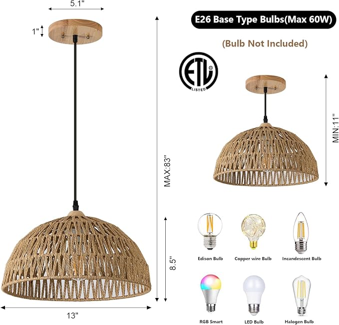 13 Inch Rattan Pendant Lights Farmhouse Boho Chandelier Light Fixture Rustic Wicker Hand Woven Pendant Hanging Light for Dining Room Kitchen Bedroom Foyer Hallway