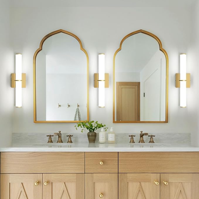 17.3Inch Modern Vanity Light Fixture with Switch, 12W 5000K Led Bathroom Light Fixture Over Mirror, Hardwired, 1200LM Gold Vanity Light Bar for Mirror Bedroom Hallway Living Room