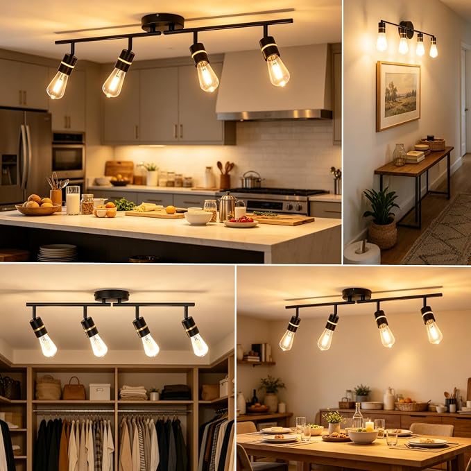 HiBay 4-Light Track Lighting, Rotatable Ceiling Spotlight, Black Gold, E26 | 4 heads for kitchen or dining room, adjustable black-gold design aims light where needed, E26 base for your own bulbs