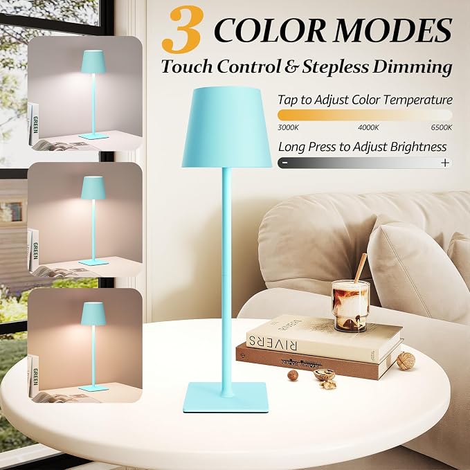 CHLORANTHUS 2 Pack Cordless Table Lamps, 3 Colors Stepless Dimming, 5000mAh Rechargeable Battery LED Desk Lamp for Bedroom/Couple Dinner/Desk/Cafe/Dining Room/Terrace