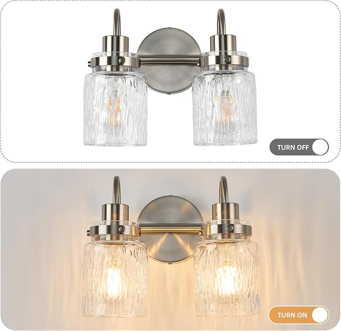 2 Lights Hammered Glass Bathroom Vanity Light,Brushed Nickel | Easy Installation,Up or Down,Farmhouse Modern Style,E26 Socket,ETL Certification