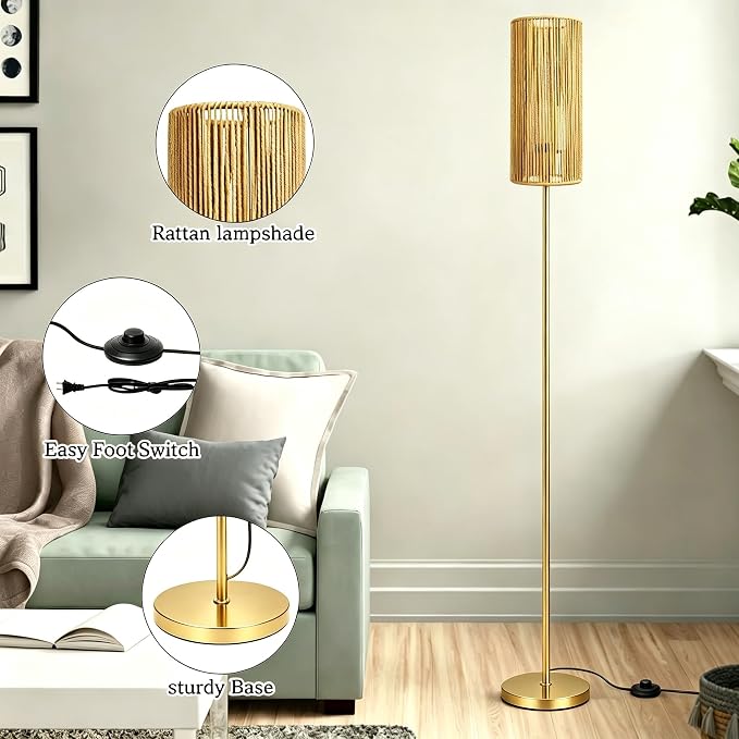 Ruiever Floor Lamp for Living Room,Farmhouse Floor lamp,Modern Standing lamp with Hand-Worked Rattan Shade (Straight Line Rattan Shade Gold Lamp- 3 Color Bulb)
