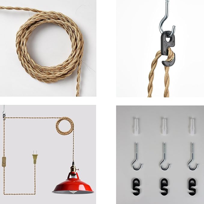 YUBOLE Plug-in Pendant Light Vintage Red Barn Shade-10.06" W with Switch | Flexible Hanging Light, Adjutable 216.5"L Cord with On-Off Switch Swag Lamp for Kitchen Bar Dining Foyer Cafe Bedroom