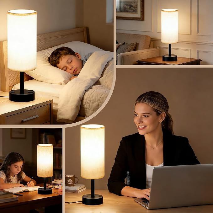 MOICO Bedside Lamp with 2 USB Ports and 1 AC Outlet, Table Lamp with Grey Linen Fabric Shade and Stable Metal Base, Nightstand Lamp for Bedrooms, Living Room, Kids Room, Dorm, Office