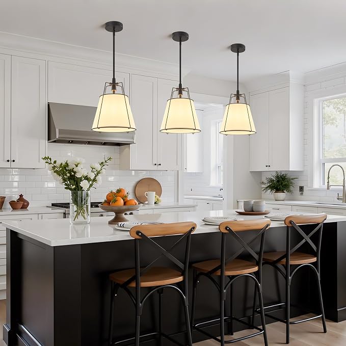 Modern Pendant Light Fixtures with 13" White Linen Fabric Shade, Adjustable Hanging Light Fixture,Drum Black Vintage Chandelier for Kitchen Island Bedroom Dining Room Foyer Entryway