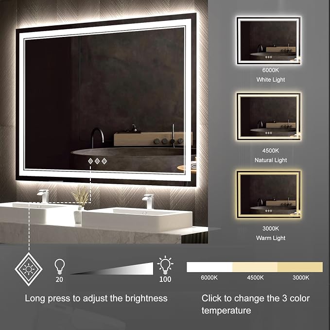 LED Mirror for Bathroom, 48x36 Inch Gradient Front and Backlit Bathroom Mirror, 3 Colors Dimmable CRI>90 Double Lights, IP54 Enhanced Anti-Fog, Hanging Plates Wall Mount LED Vanity Mirror
