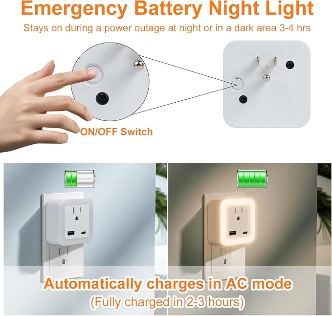 Night Lights Plug Into Wall 2 Pack Rechargeable Battery Backup Light Dusk to Dawn Sensor Night Light with Outlet Expander for Adults Kids Bedroom, Kitchen, and Bathroom (2, warm white, 3000K)