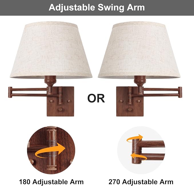 TRLIFE Dimmable Wall Sconce Plug in, Wall Sconces Set of Two Swing Arm Wall Lights with Plug in Cord and On/Off Dimmer Rotary Switch, 11.8" Large Beige Fabric Shade(2 Pack, Walnut Color)