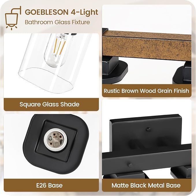 4-Light Bathroom Light Fixtures, Farmhouse Vanity Lights for Bathroom with Glass Square Shade, Rustic Vanity Lights, Sconce Wall Light, E26 Base (Bulbs Not Included), ETL Listed FS09BD05