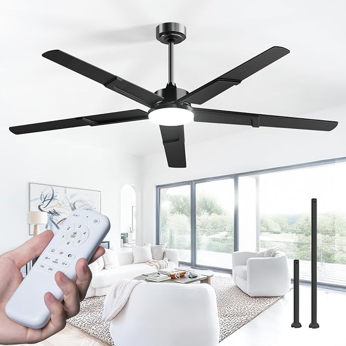 Amico 62 Inch Ceiling Fans with Lights and Remote, Black | 6 Speed Reversible DC Motor, 3CCT, Dimmable, Quiet, Timer, Large Modern Ceiling Fan for Living room, Indoor/Outdoor