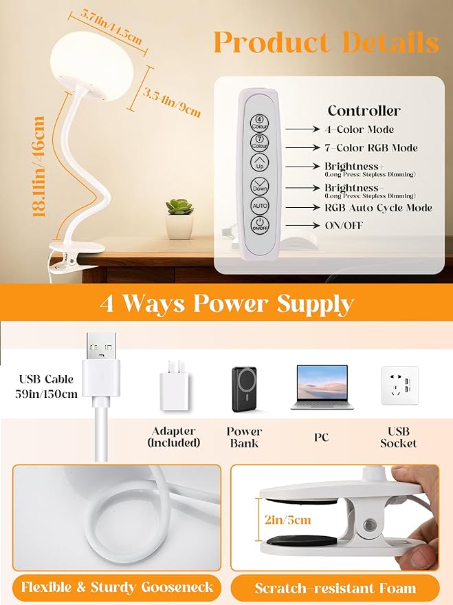 Clip on Light,10 RGB Colors & Warm White Desk Lamp with Clamp,10 Brightness Level Reading Light,Bedside Lamps,USB Adapter Clip on Lamp Suitable for Bedroom/Headboard/Bed/Bedside