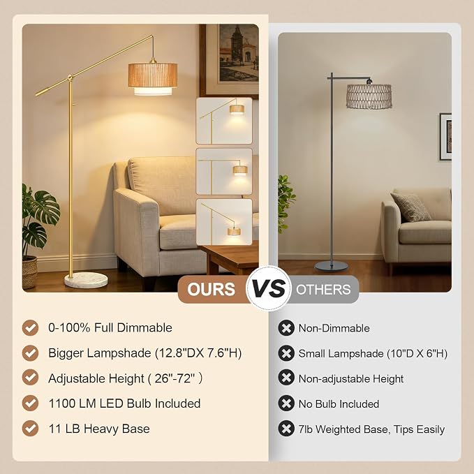 【Upgraded】Arc Floor Lamp for Living Room, Boho Dimmable Swing Arm Floor Lamp with Rattan & Fabric Shades, Gold Rattan Standing Lamp with Marble Base, Farmhouse Adjustable Tall Lamp for Bedroom Office