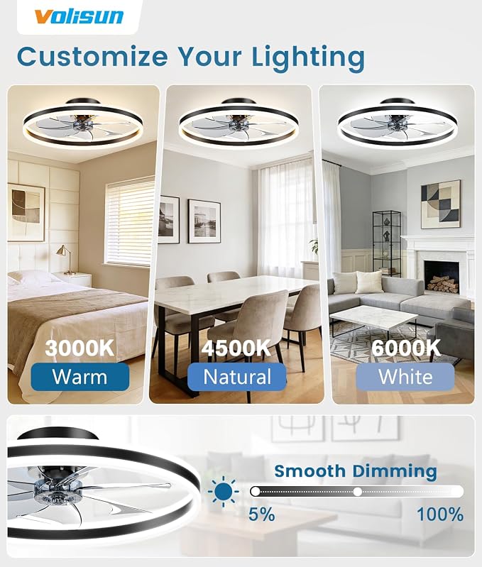 VOLISUN Low Profile Ceiling Fans with Lights and Remote, 27.6in Flush Mount Ceiling Fans with Light, 3000K-6500K Dimmable Fandelier LED Fan Light, Black Bladeless Ceiling Fans with Lights for Bedroom