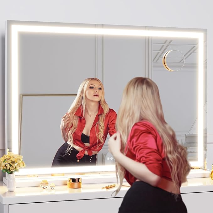 Gvnkvn Makeup Vanity Mirror with Lights 32" x 24" Large LED Makeup Mirror, Light up Mirror with 10X Magnification and USB Charging Port, Dimmable 3 Modes, Touch Screen Control Square Corner
