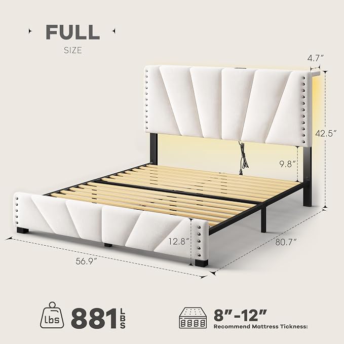 EnHomee Full Size Bed Frame with LED Lights & USB, Noise-Free, Beige | Adjustable Velvet Headboard，Under-Bed Storage，Heavy Duty Support with 12 Slats，No Box Spring Needed，Easy Assembly for Bedroom