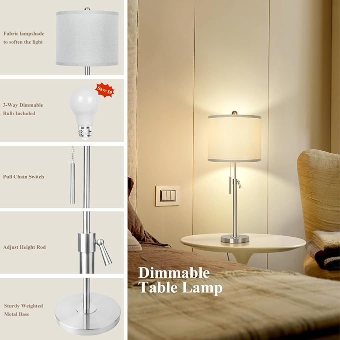Table Lamps for Bedrooms Set of 2, 22" to 30" Height Adjustable Nightstand Lamps with Linen Shade, Pull Chain Switch Lamps for Living Room, 3 Way Dimmable Bedside Lamp