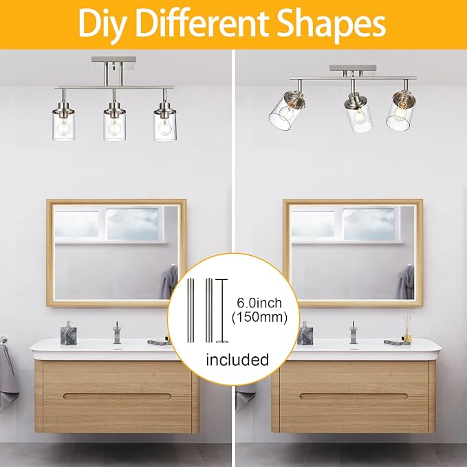 Yaohong 3-Light Track Lighting Kit Brushed Nickel Track Lighting Fixtures, Bathroom Wall Light Ceiling Mount Rotatable Spotlights, Kitchen Ceiling Light Fixtures with Glass Shade for Bathroom Hallway
