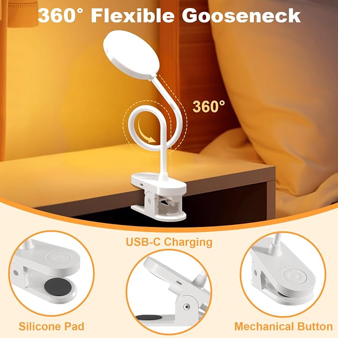 Rechargeable Desk Lamp with Clamp, 97 LED Bright Clip on Light with 3 Color & 10 Brightness, Cordless Desk Light for Home Office Bed Book Reading Crafting Sewing Drawing Knitting Puzzle (White/4.7'')