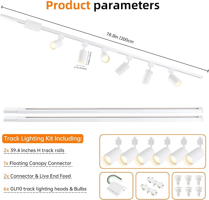 3-Color LED Track Lighting Kit with Floating Canopy Connector, 6-Light H Type Rail System with 6.6FT Rails, Dimmable GU10 Bulbs Included, Adjustable Ceiling Spotlights for Kitchen (6, White)