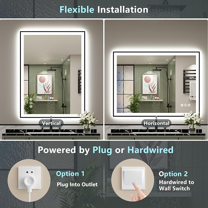 44x36 Black LED Bathroom Mirror, Backlit & Front Lit Lighted Mirror | Metal Framed Anti-Fog Vanity Mirror with Lights, 3 Color Dimmable, Memory, Tempered Glass, CRI95, IP54, Horizontal/Vertical
