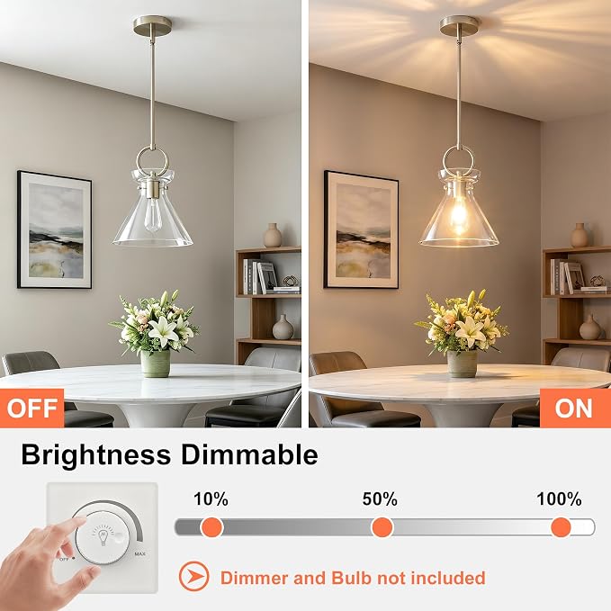 Glass Pendant Lights Kitchen Island Nickel 9.84'' Clear Glass Shade | Modern Pendant Lighting Over Sink, Adjustable Hanging Ceiling Light, E26 Dimmable Hardwired for Dining Room Hallway, 1-Pack