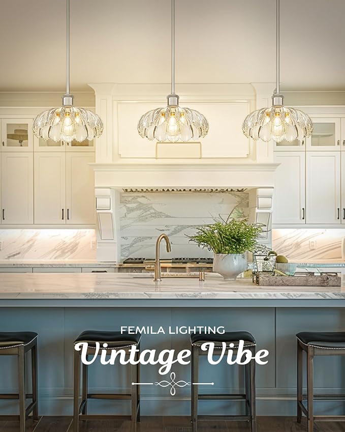 FEMILA 2-Pack Modern Brushed Nickel Glass Pendant Lights for Dining Room | 10.4" floral vintage glass pendant lighting fixtures for living dining room, E26, adjustable hanging height