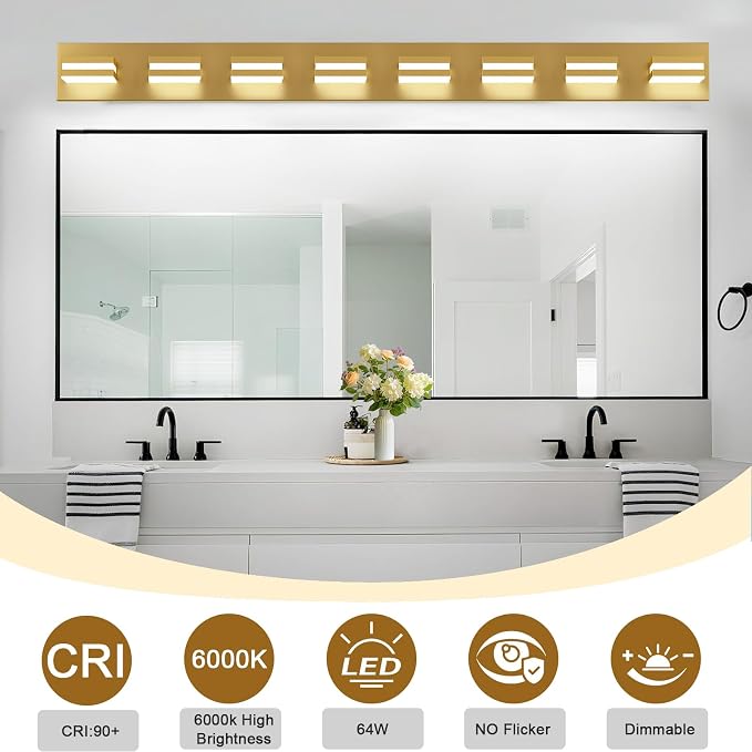 IZORRO LED Modern Bathroom Lights Fixtures(8-Light,Dimmable,360°Rotate),Brushed Glod Acrylic Wall Lighting,Vanity Lights for Bathroom Over Mirror - 6000k 48In （No Assembly Required）