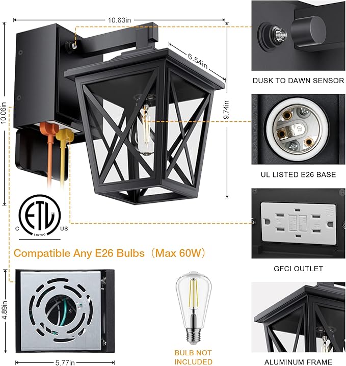 Ehaho Porch Light with Outlet, Dusk to Dawn Outdoor Light with Outlet Built-in, Waterproof Anti-Rust Lantern Outside Lights with GFCI Outlet, Wall Sconce Light for Front Door (Black 2 PCS)