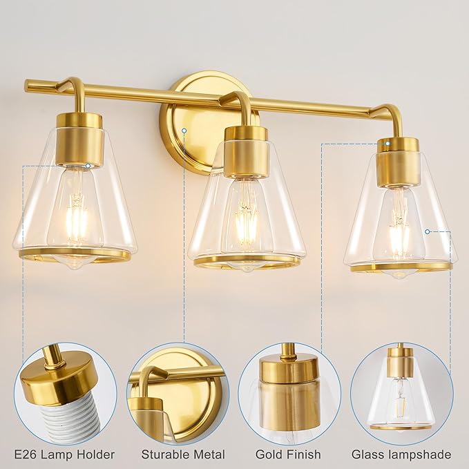 Gold Vanity Light - Bathroom Light Fixtures Over Mirror, 3 Lights Fixture, Clear Glass Shade, 22 inch Modern Wall Sconce for Bathroom, Bedroom